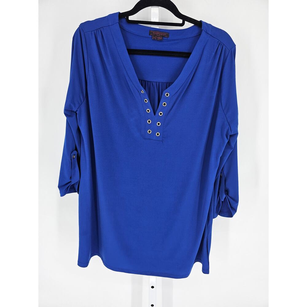 Fontana Womens Sz XL Tab Sleeve Royal Blue Blouse 3/4 Sleeve Tunic Length